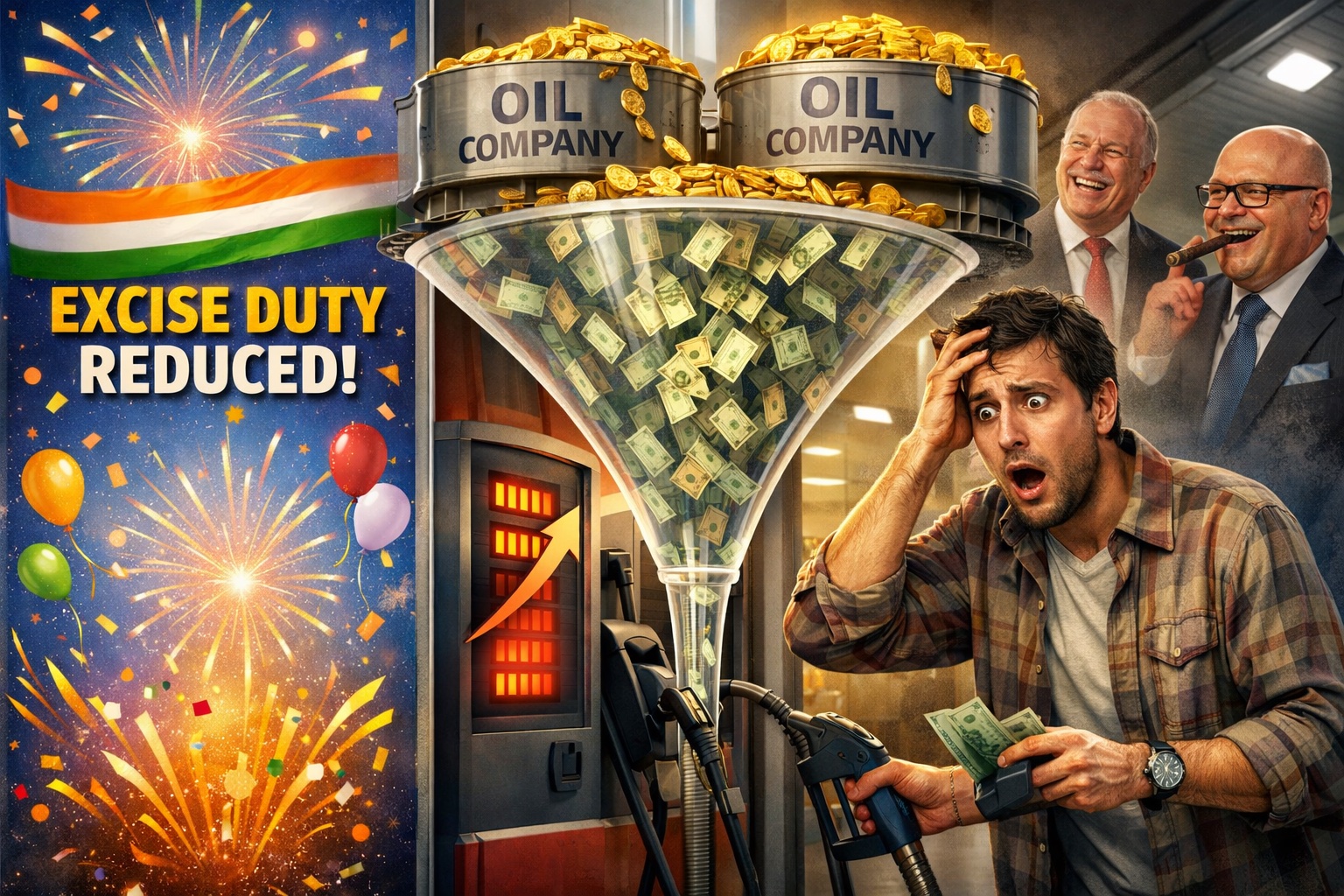 Excise duty cut infographic showing money flowing to oil companies, not consumers